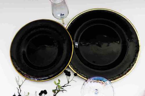 创意金边 黑盘 黑色餐具盘具 沙拉水果盘西餐盘玻璃盘子